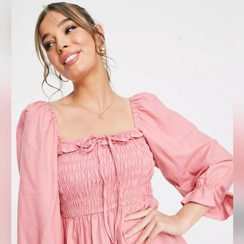 NWOT Pink Square Neck Smocked Dress